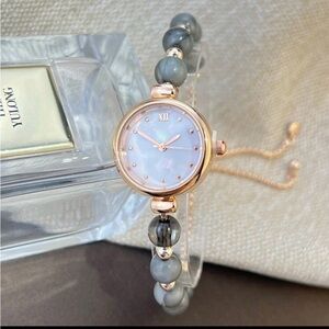 Grey Bead Pull-String Alloy Rose Gold Casing, Dial Quart Watch.